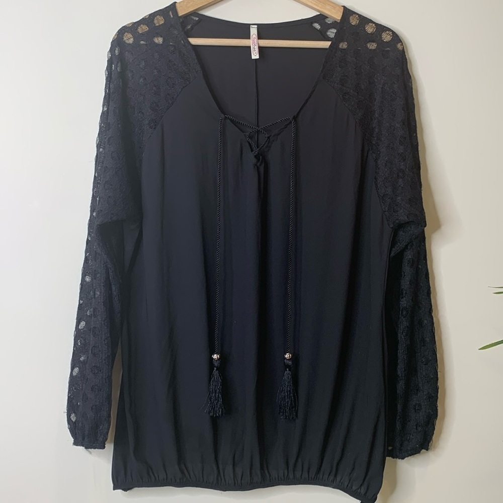 Tua Tua Black Sheer Long Sleeve Tassel Tie Boho Top 1X